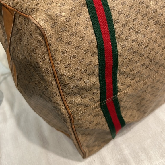 Gucci Duffle Bag GG Logo Canvas Brown Leather Trim Folding Travel Carry On - Picture 8 of 13
